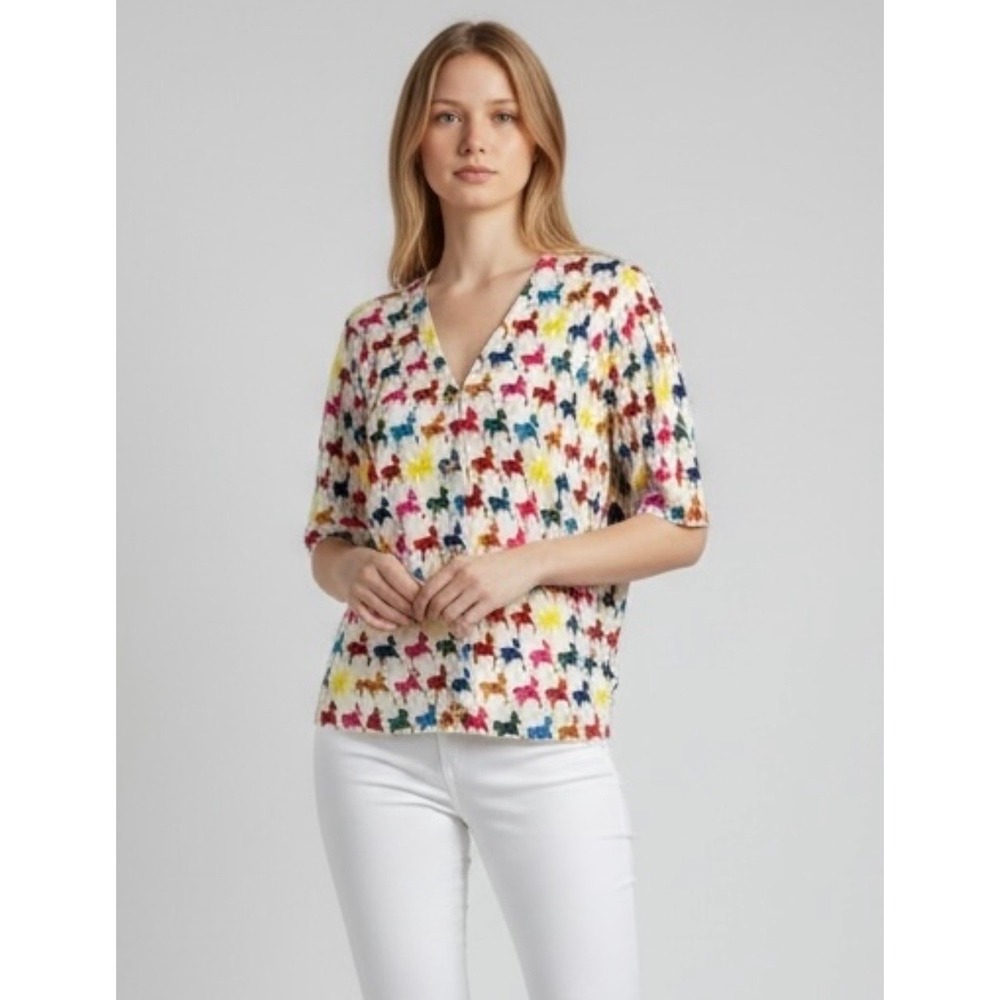 NEW Colorful Large Horse Print V Neck Button Front Short Sleeve Top Women's